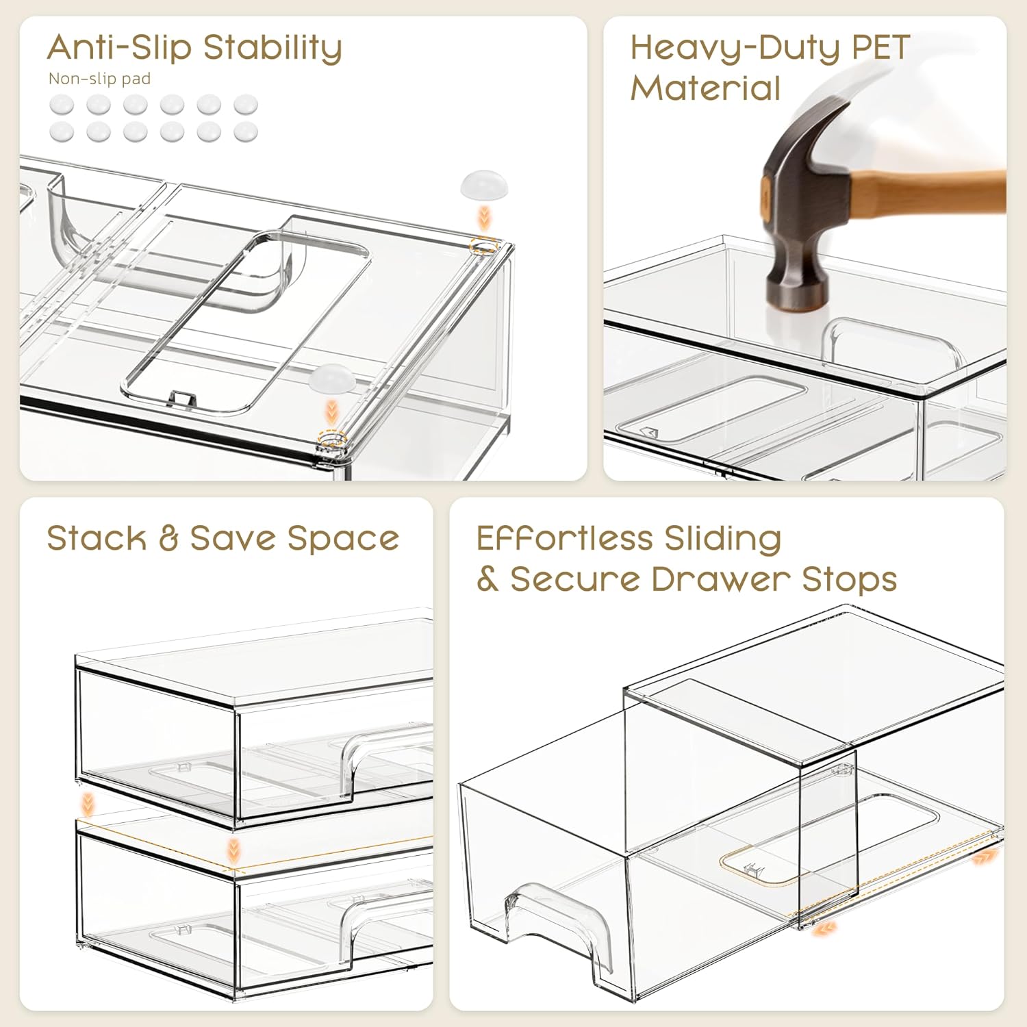Criusia Stackable Storage Drawers, 6 Pack Clear Plastic Makeup & Bathroom Organizer, Versatile Storage Bins for Vanity, Under Sink, Kitchen Cabinets & Pantry