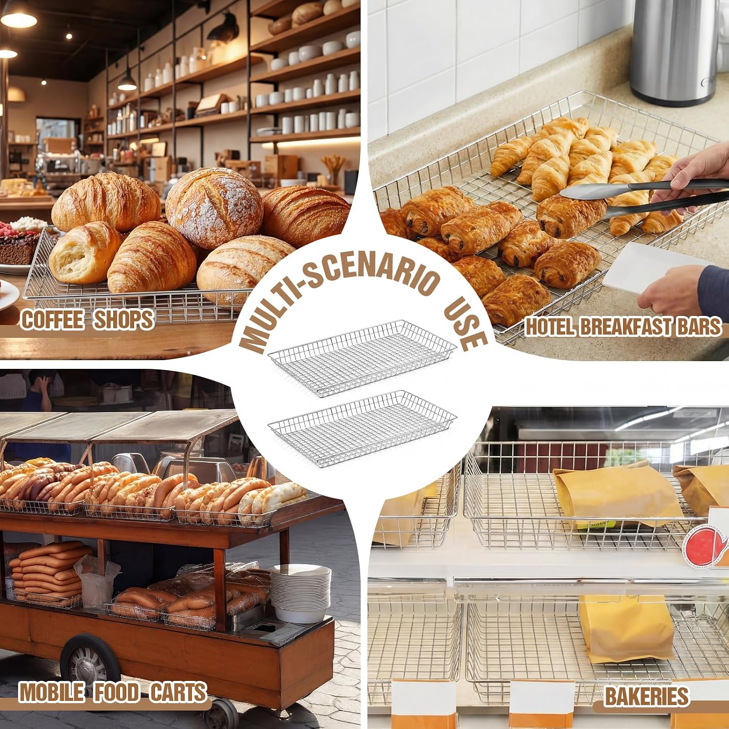 LemonRoad 2 Pcs 16" x 26" Rectangular Wire Basket Wire Pastry Doughnut Basket Tray Nickel Plated Large Serving Tray for Bakeries Cafes Food Trucks Display Bagels Pastries Bread and Fruits