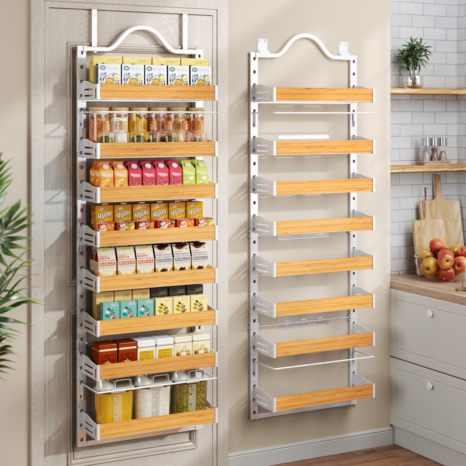 8-Tier Pantry Door Organizer, Over the Door Pantry Organizer with Wooden Adjustable Baskets, 2 IN 1 Spice Rack Wall Mount or Door Organizer, Door Spice Rack for Pantry（72.6×17.1×5.1in,Black)