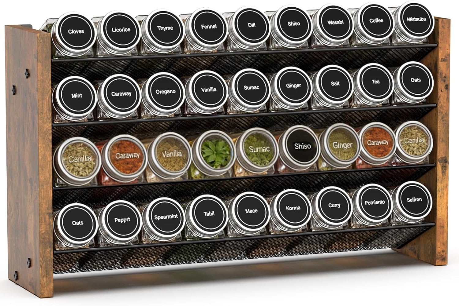 NESAPTO Spice Rack Organizer for Cabinet, Wood 4-Tier Vertical Seasoning Organizer, Wall Mount or Countertop Spice Shelf, Holds 36 Jars (No Jars Included), 17.2" W x 10.3" H
