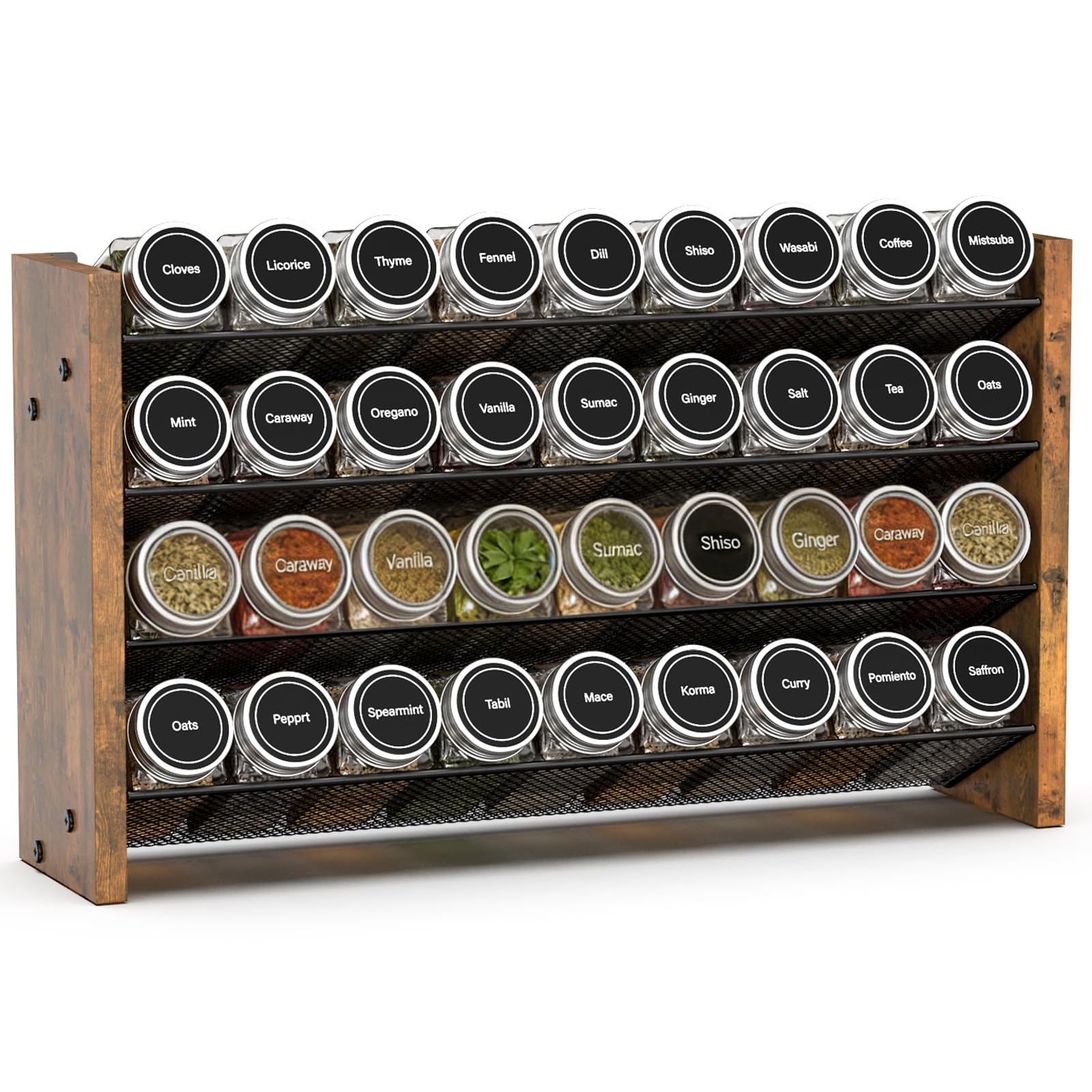 NESAPTO Spice Rack Organizer for Cabinet, Wood 4-Tier Vertical Seasoning Organizer, Wall Mount or Countertop Spice Shelf, Holds 36 Jars (No Jars Included), 17.2" W x 10.3" H