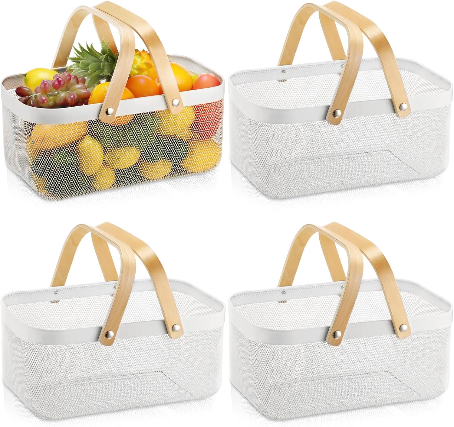Sadnyy 4 Pcs White Metal Wire Storage Basket with Handle Mesh Harvest Durable Vegetables Fruit Toy Basket for Garden Organizing, Kitchen, Countertop, Closet, Bedroom (16 x 9.8 x 7.1 Inch)