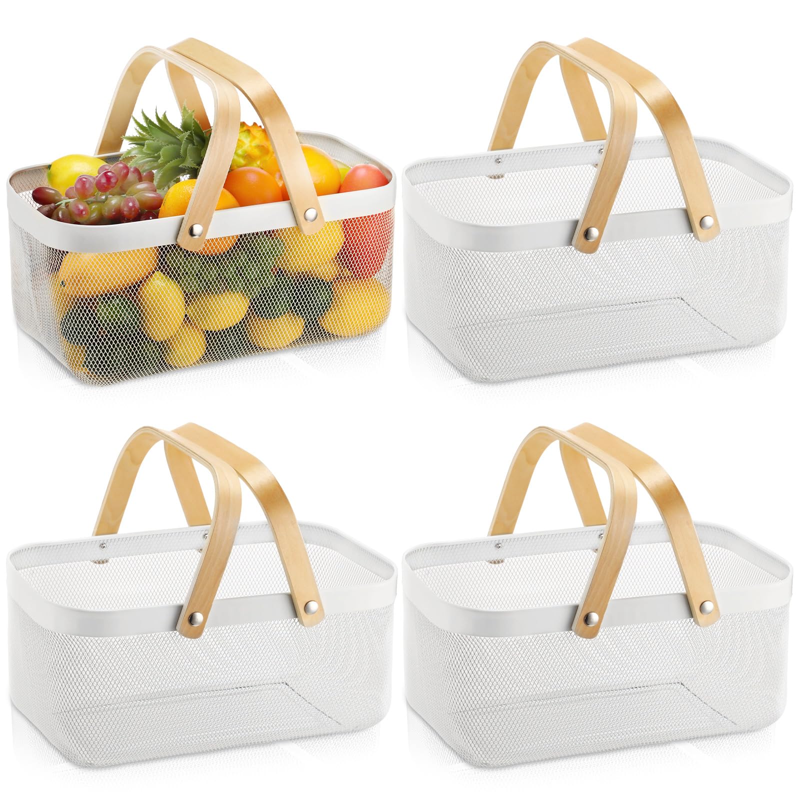Sadnyy 4 Pcs White Metal Wire Storage Basket with Handle Mesh Harvest Durable Vegetables Fruit Toy Basket for Garden Organizing, Kitchen, Countertop, Closet, Bedroom (16 x 9.8 x 7.1 Inch)