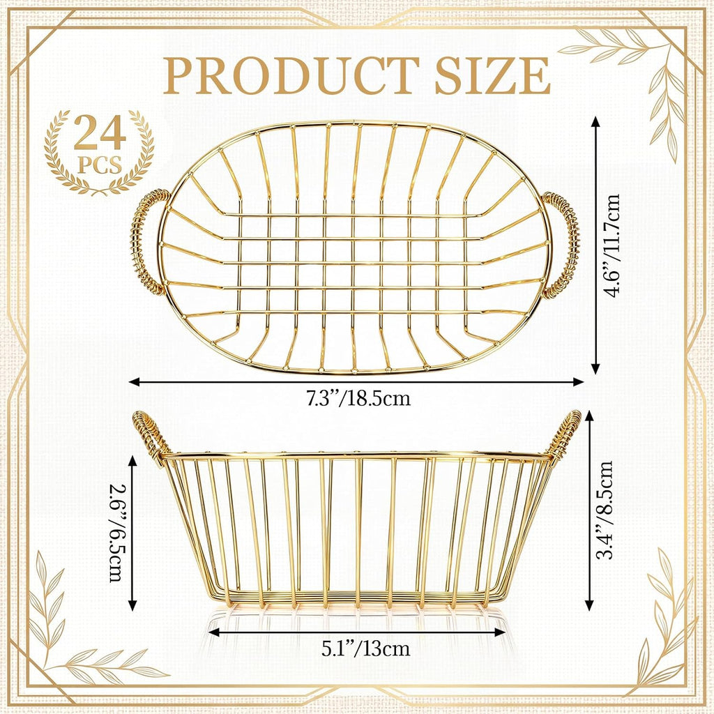 Gold 24 Pack Wire Basket Set 7.3 x 4.6 x 3.4'' Inch Reusable Oval Metal Fast Food Baskets with Handle Bread Boxes for Fruit, Burger, Sandwich, Fried Chicken, French Fries, Potato Chips