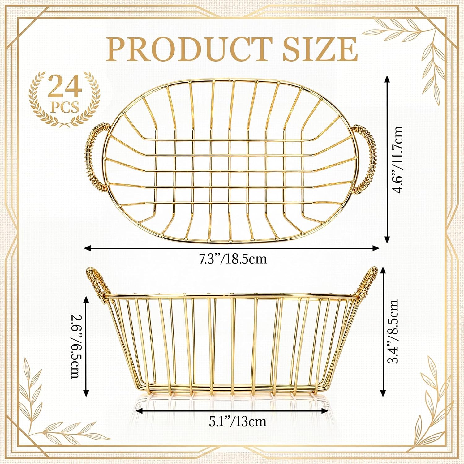 Gold 24 Pack Wire Basket Set 7.3 x 4.6 x 3.4'' Inch Reusable Oval Metal Fast Food Baskets with Handle Bread Boxes for Fruit, Burger, Sandwich, Fried Chicken, French Fries, Potato Chips