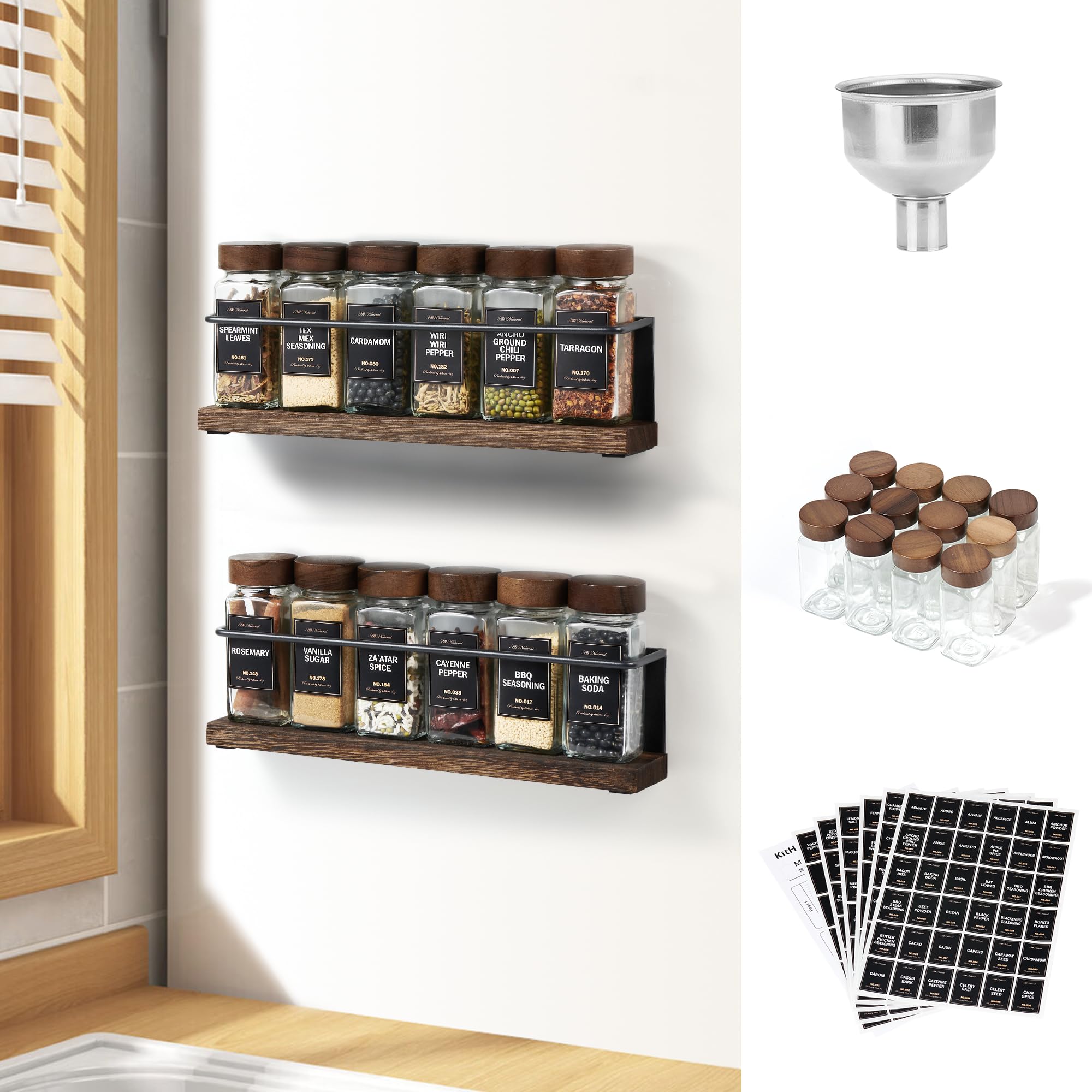Wooden Lid Magnetic Spice Rack with 24 Jars, 216 Labels, 1 Steel Funnel for Refrigerator，Microwave Oven - Full Set of Spice Organizer