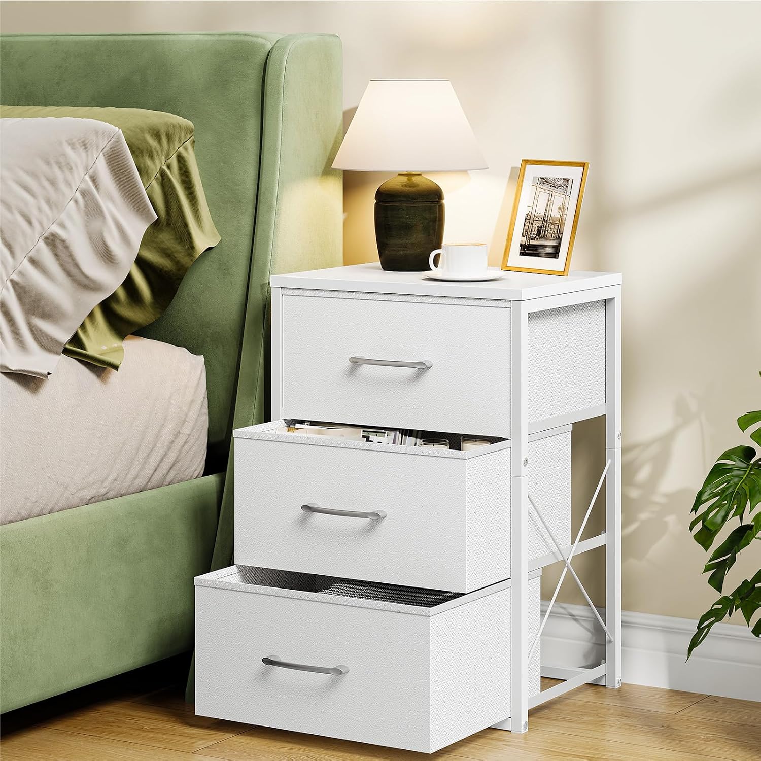CHOEZON Stackable Storage Drawers for Closet, 3 Drawer Dresser with Wooden Top, Fabric Clothes Organizers with Metal Handles, Closet Organizer with 3 Drawers for Bedroom, Living Room, White TCW31WB