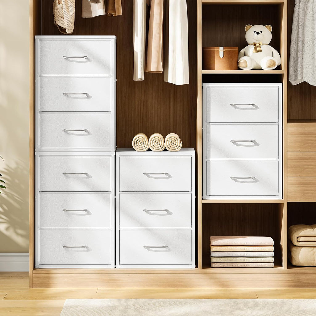 CHOEZON Stackable Storage Drawers for Closet, 3 Drawer Dresser with Wooden Top, Fabric Clothes Organizers with Metal Handles, Closet Organizer with 3 Drawers for Bedroom, Living Room, White TCW31WB
