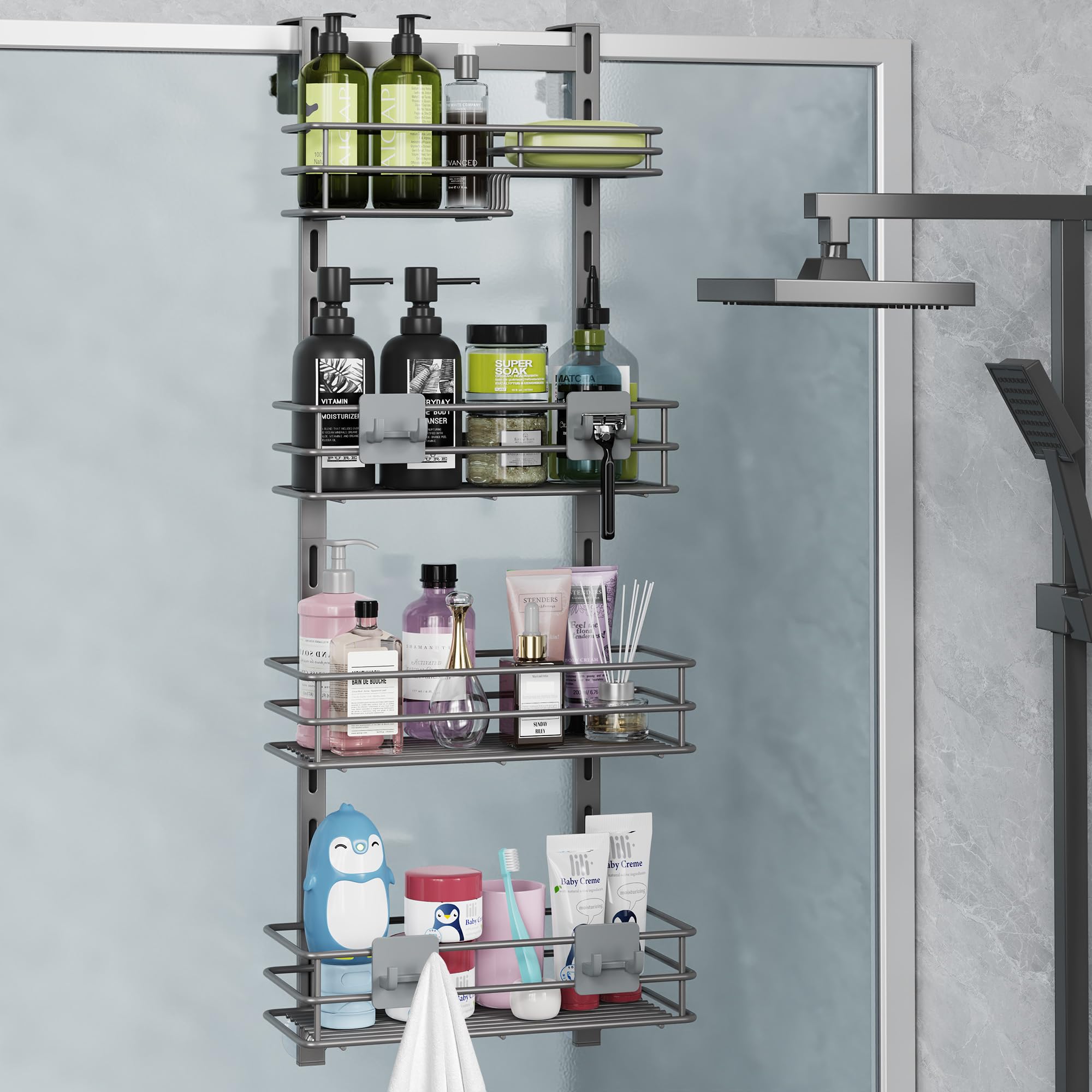 Orimade Over the Door Shower Caddy Adjustable 5 Tier Black,Bathroom Hanging Organizer Shelf Rustproof with 4 Hooks,Shower Basket with Soap Holder and Suction Cup