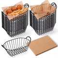 24 Pack Metal Wire Fast Food Baskets with 100 Food Blotting Sheets 7.3 x 4.6 x 3.4 Inch Oval Serving Baskets for Fries, Chicken, Sandwiches, Bread, and Snacks(Gold and White)