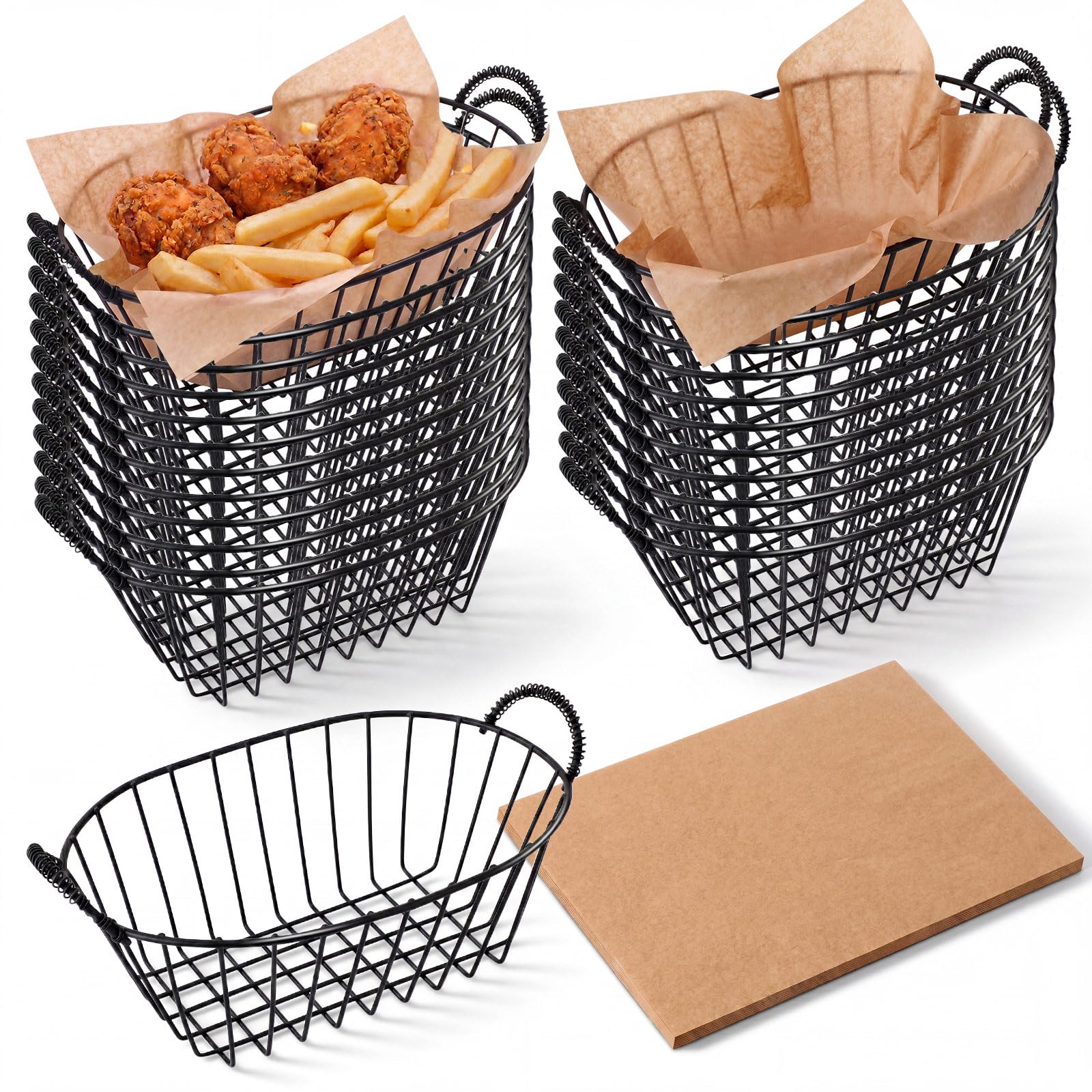 24 Pack Metal Wire Fast Food Baskets with 100 Food Blotting Sheets 7.3 x 4.6 x 3.4 Inch Oval Serving Baskets for Fries, Chicken, Sandwiches, Bread, and Snacks(Gold and White)