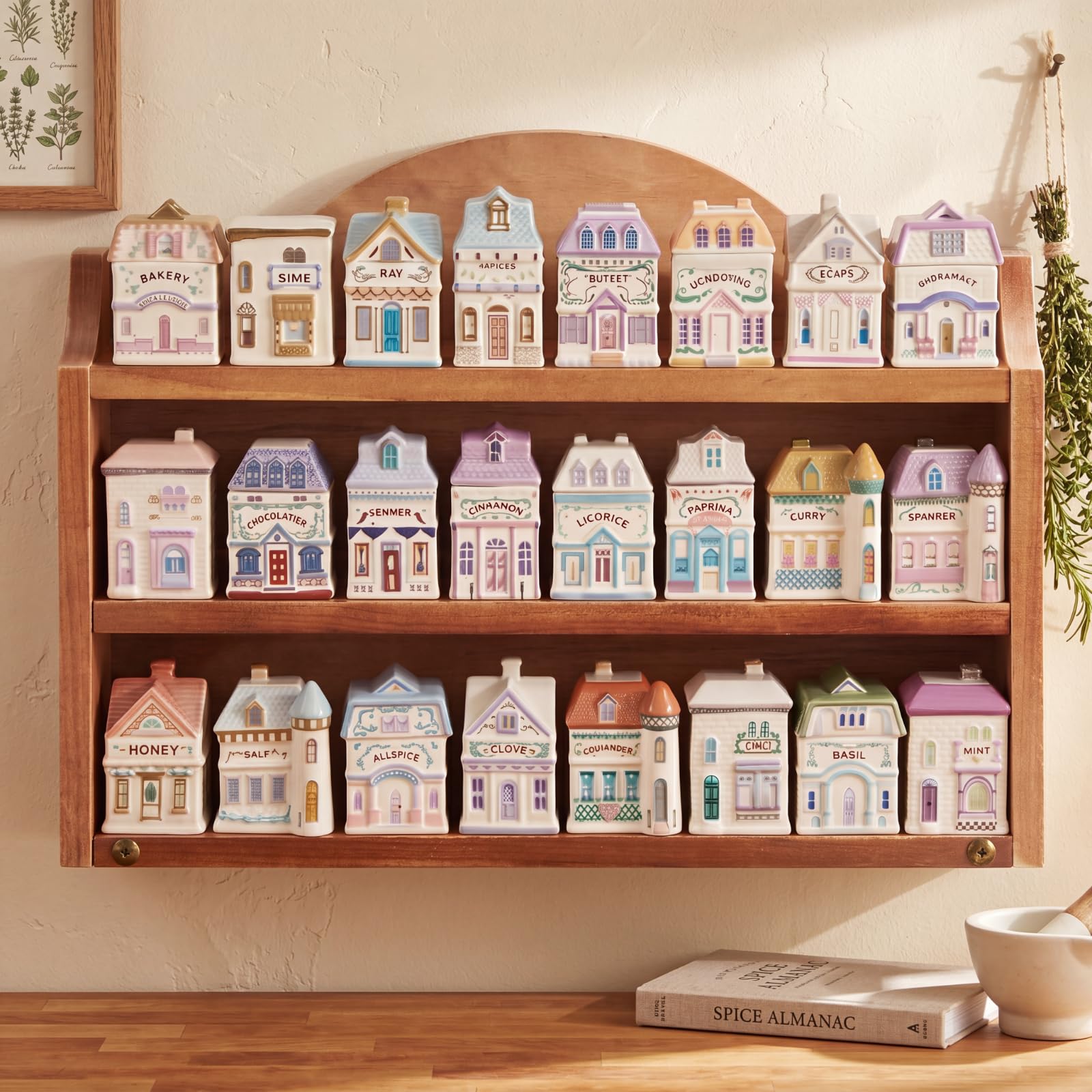 Chunful Vintage Spice Jar Wooden Rack Warm Brown Natural Spice Shelf for 24 Jars, Village Style Wall Mounting Kitchen Storage Decorative Hanging Display Rack, Shelf Only