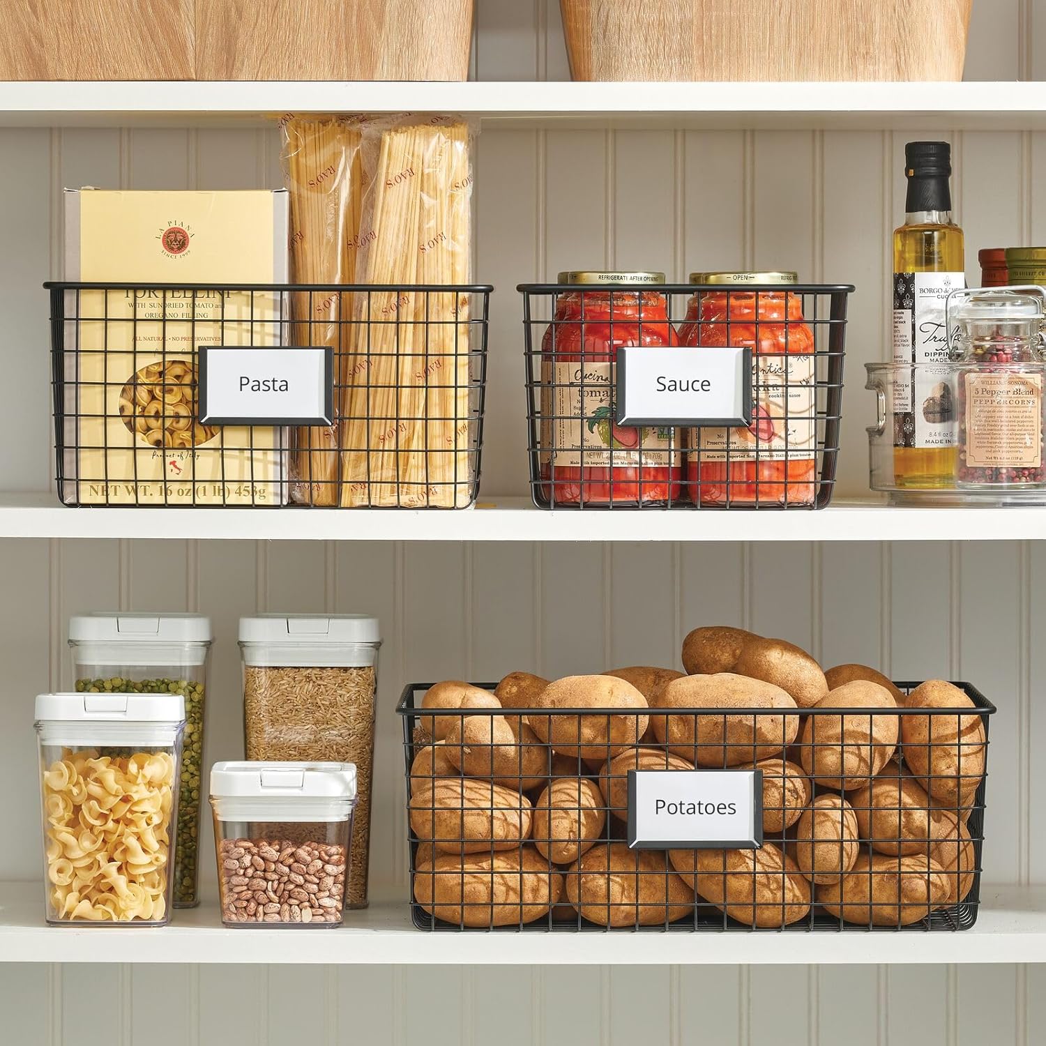 mDesign Wide Steel Wired Storage Organizer Bin Baskets with Label Slot for Kitchen Pantry, Cabinet, Organizing Holder for Food, Drinks, Snacks, Produce, Omaha Collection, 4 Pack, Matte Black