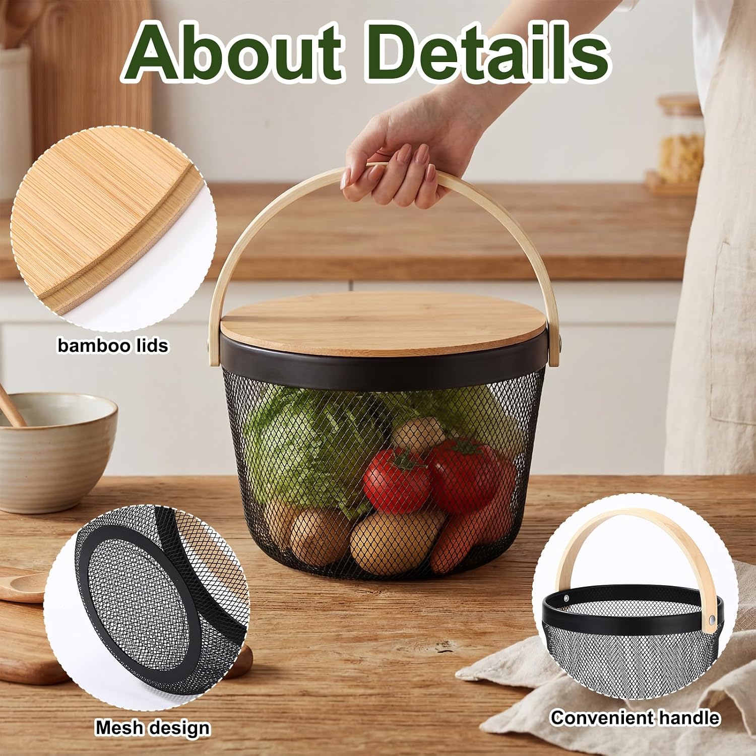 4 Pack Black Mesh Fruit Baskets with Bamboo Lids, Multi-use Kitchen Picnic Storage Organizer