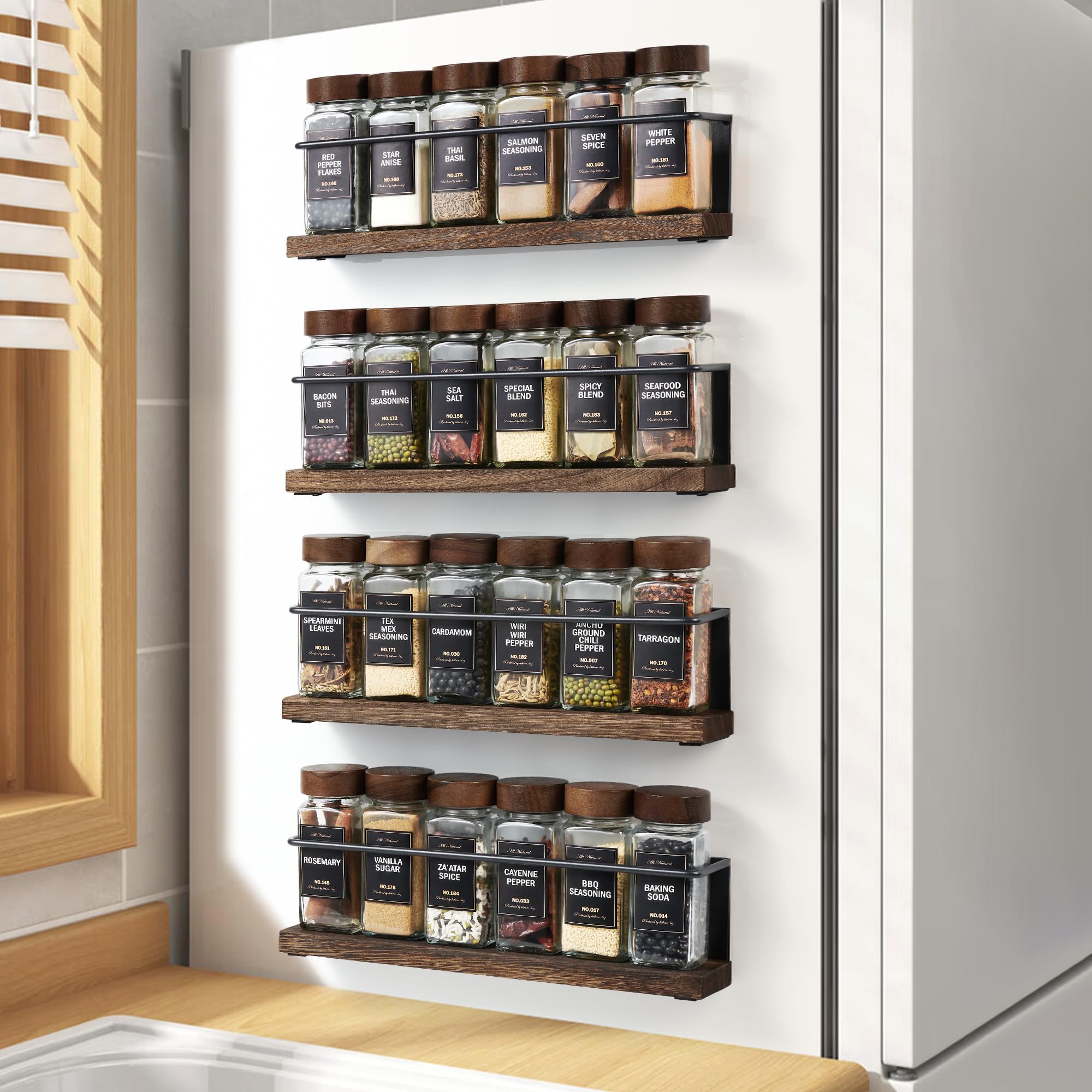 Wooden Lid Magnetic Spice Rack with 24 Jars, 216 Labels, 1 Steel Funnel for Refrigerator，Microwave Oven - Full Set of Spice Organizer
