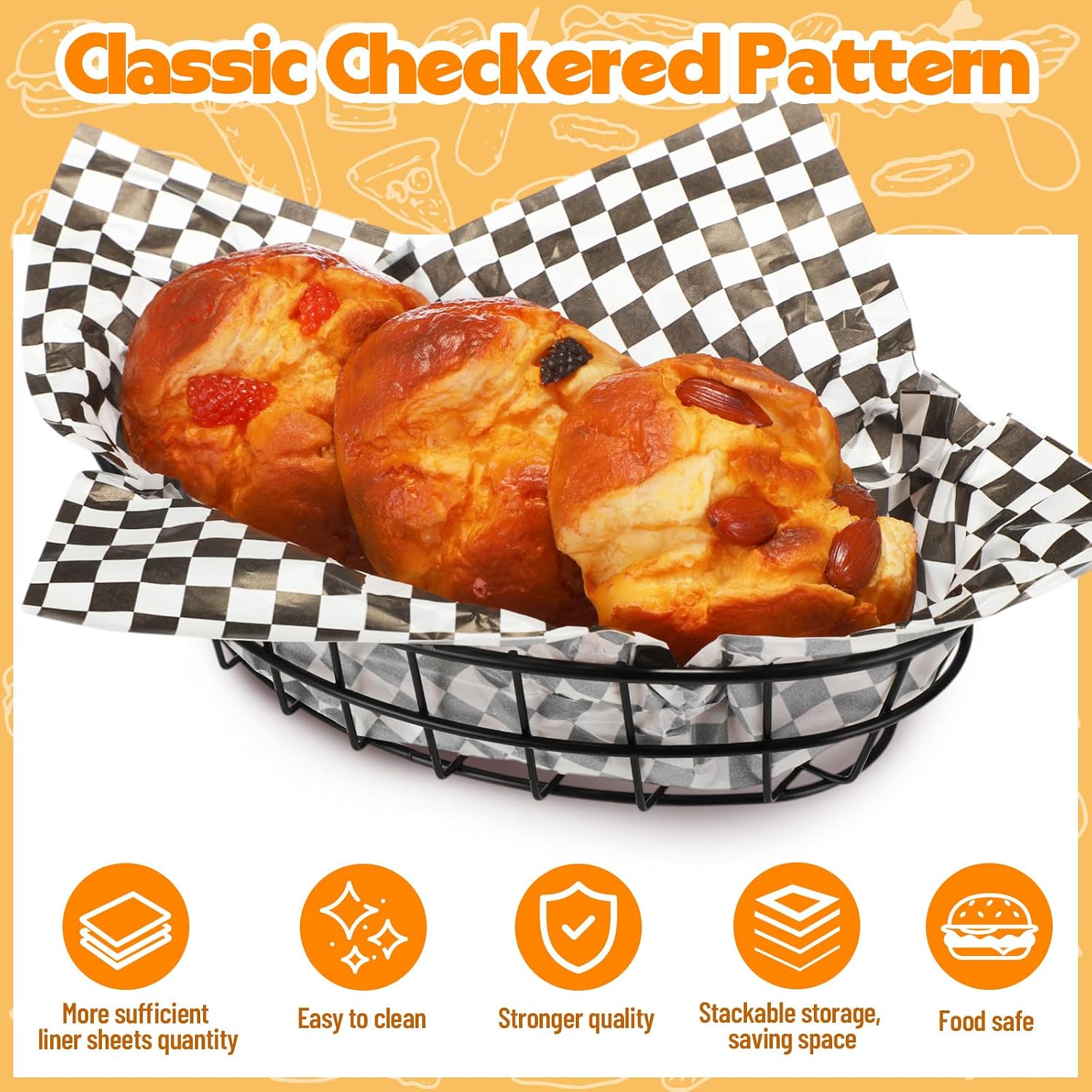 18 Pack Oval Black Wire Serving Baskets with Deli Papers for Kitchen Restaurant Use