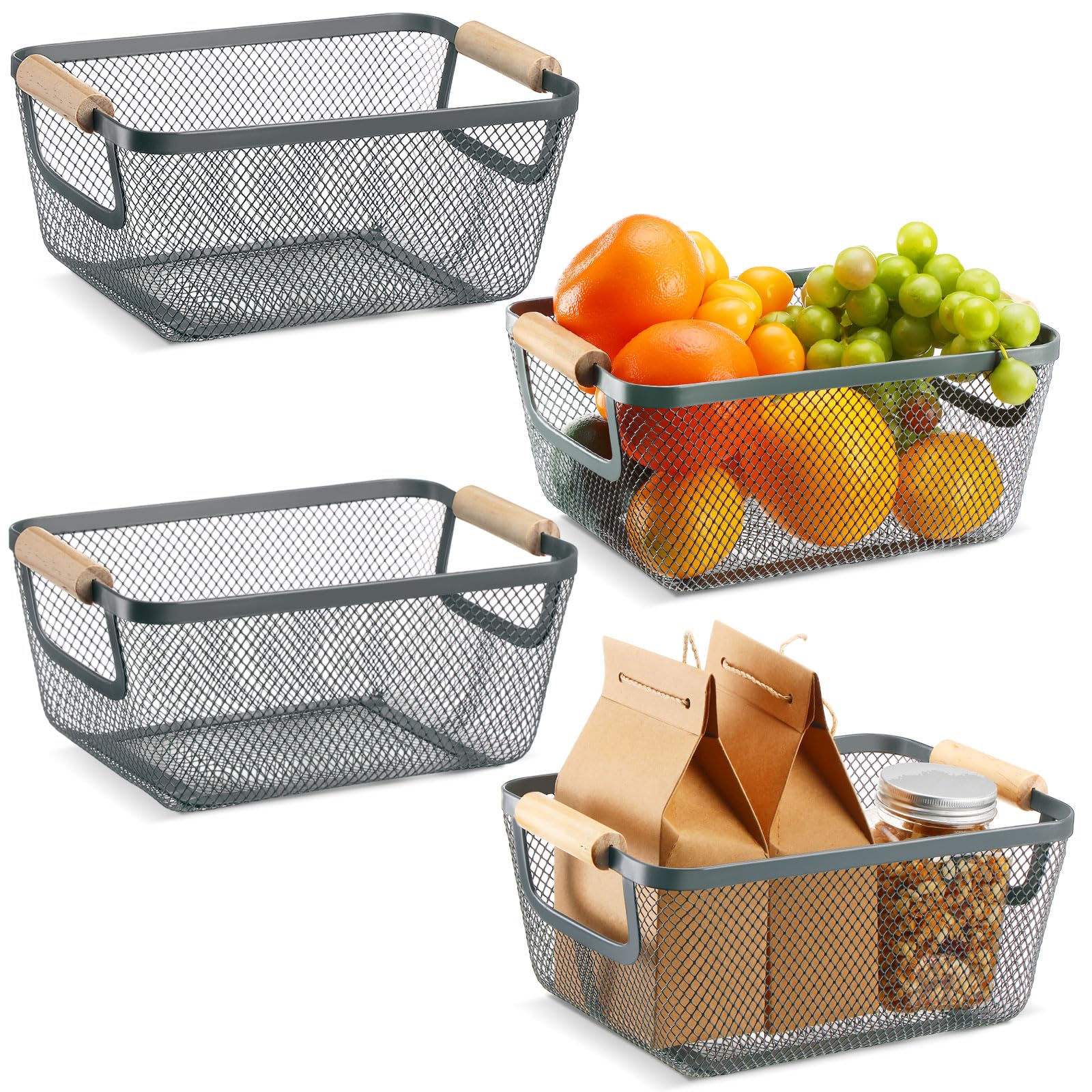 Ziliny 4 Pcs Metal Mesh Wire Baskets with Wooden Handles for Organizing, Pantry Organizers and Storage Steel Bin Kitchen Baskets for Fruit Potato Onion Snacks Bathroom Cabinet(Medium,Cream White)