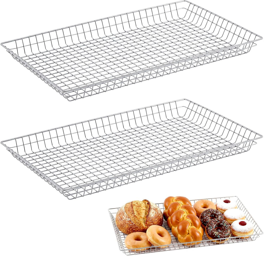 LemonRoad 2 Pcs 16" x 26" Rectangular Wire Basket Wire Pastry Doughnut Basket Tray Nickel Plated Large Serving Tray for Bakeries Cafes Food Trucks Display Bagels Pastries Bread and Fruits