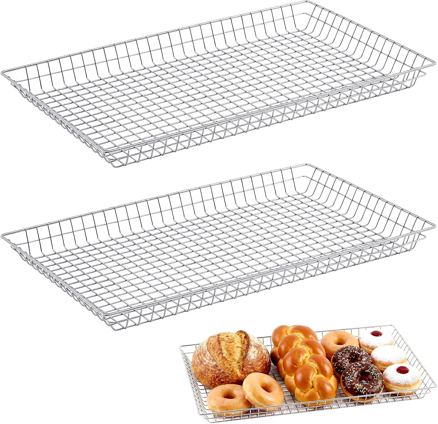 LemonRoad 2 Pcs 16" x 26" Rectangular Wire Basket Wire Pastry Doughnut Basket Tray Nickel Plated Large Serving Tray for Bakeries Cafes Food Trucks Display Bagels Pastries Bread and Fruits