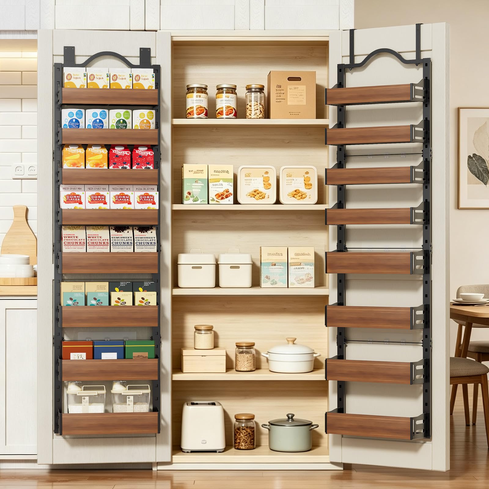 8-Tier Pantry Door Organizer, Over the Door Pantry Organizer with Wooden Adjustable Baskets, 2 IN 1 Spice Rack Wall Mount or Door Organizer, Door Spice Rack for Pantry（72.6×17.1×5.1in,Black)
