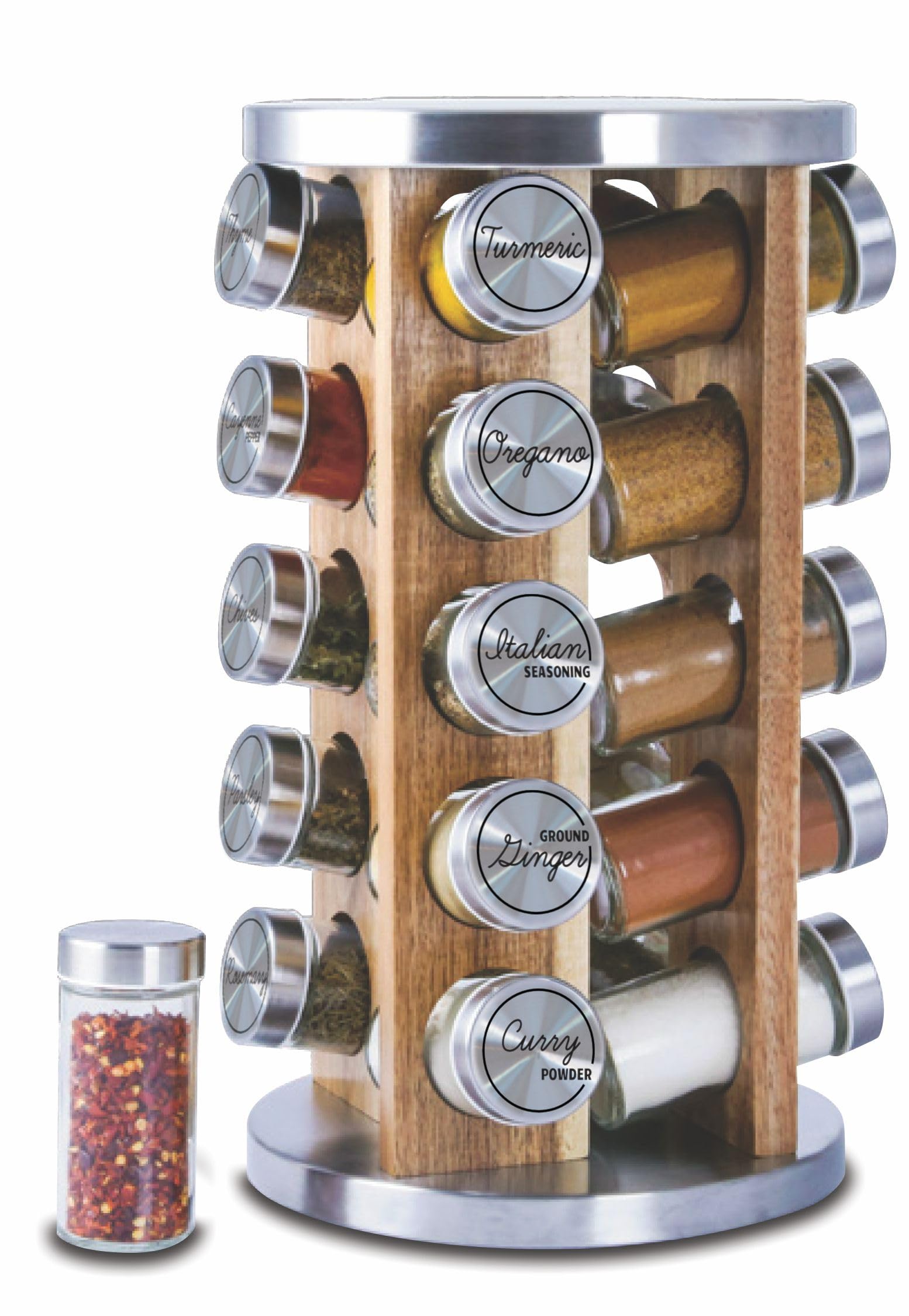 Orii 20 Jar Rotating Dark Acacia Wood Spice Rack with Spices Included & 5-Year Spice Refill Program – Rustic Wood Countertop Spice Rack with Glass Jars