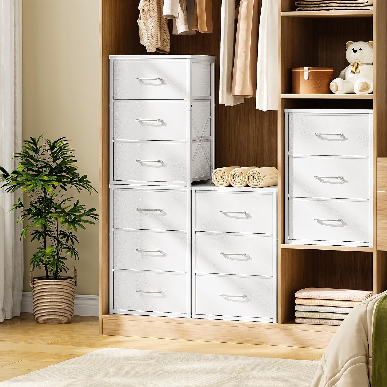 CHOEZON Stackable Storage Drawers for Closet, 3 Drawer Dresser with Wooden Top, Fabric Clothes Organizers with Metal Handles, Closet Organizer with 3 Drawers for Bedroom, Living Room, White TCW31WB