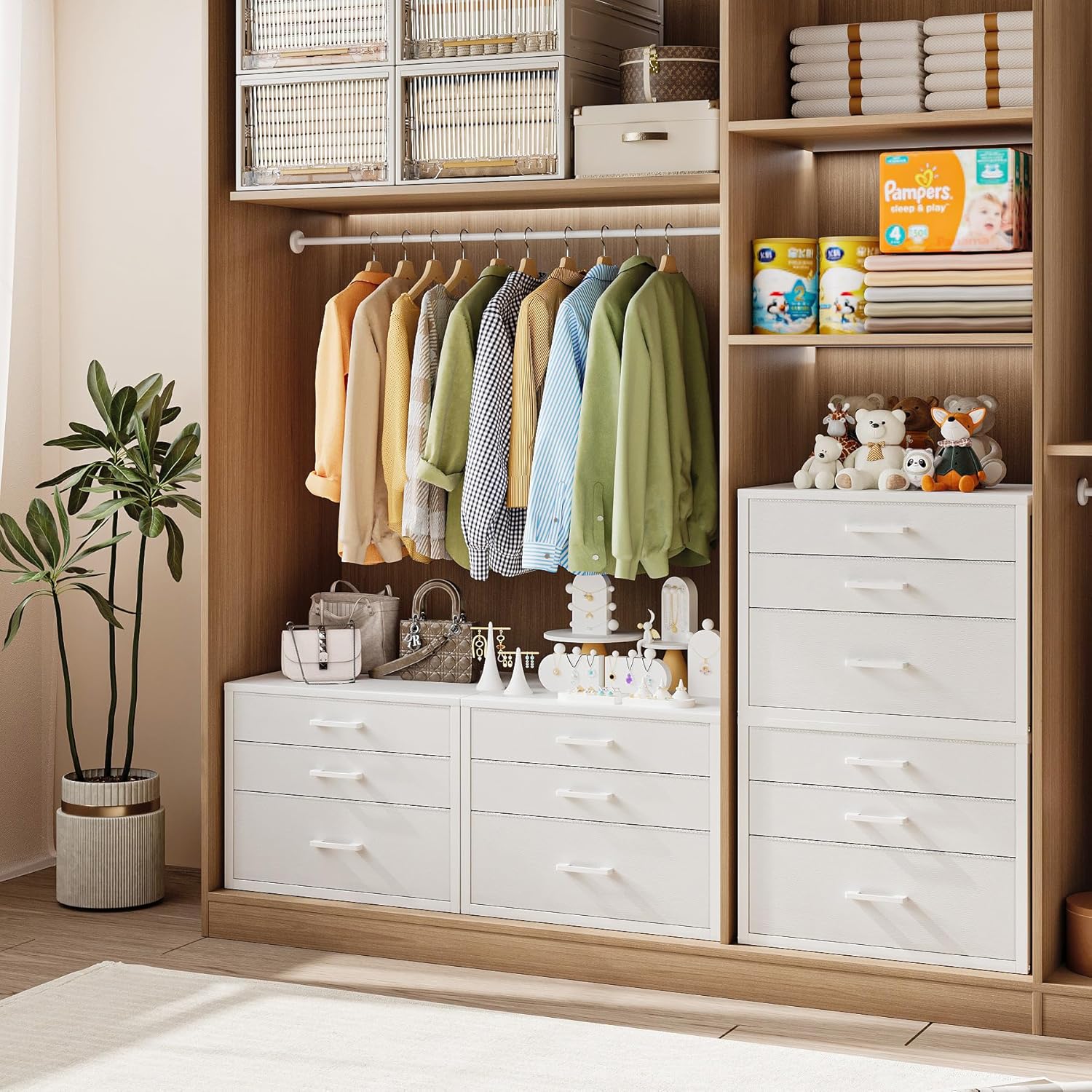 Espelism Closet Drawers with 3 Fabric Drawers 21" W x 20" H x 15.7" D White Closet Organizer Dresser, Stackable Storage Modular Chest Cabinet for Bedroom, Dorm