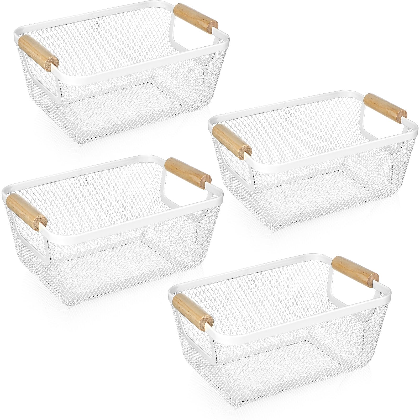 Ziliny 4 Pcs Metal Mesh Wire Baskets with Wooden Handles for Organizing, Pantry Organizers and Storage Steel Bin Kitchen Baskets for Fruit Potato Onion Snacks Bathroom Cabinet(Medium,Cream White)