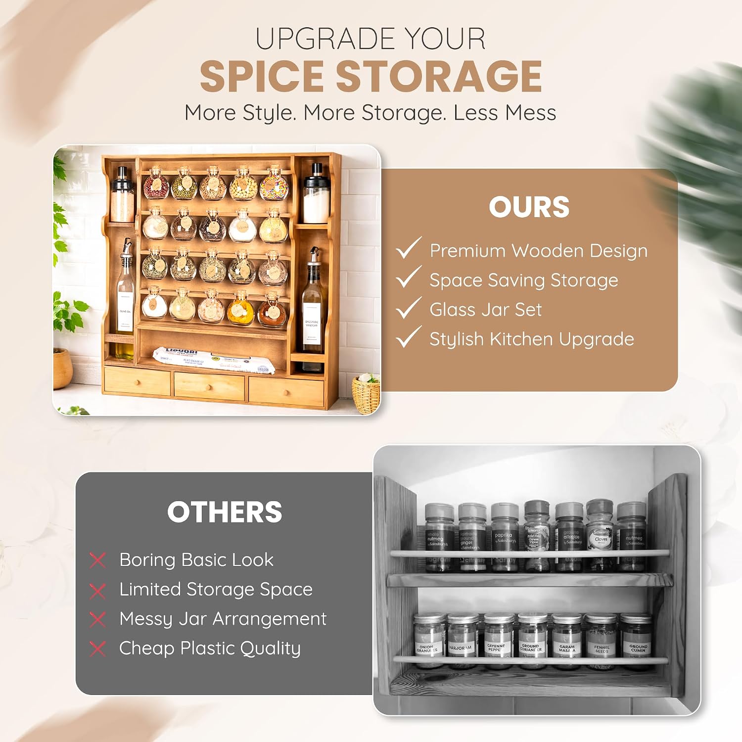 Byers Choice TX Pine Wooden Spice Rack Organizer for Countertop with Rounded Corners and Ample Storage Space – Freestanding Spice Jar Rack with Drawers for Kitchen Pantry, Apothecary