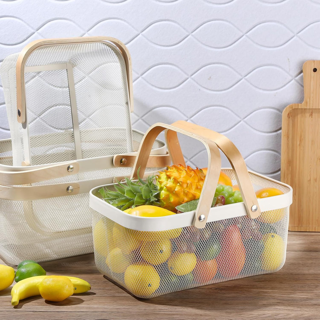 Sadnyy 4 Pcs White Metal Wire Storage Basket with Handle Mesh Harvest Durable Vegetables Fruit Toy Basket for Garden Organizing, Kitchen, Countertop, Closet, Bedroom (16 x 9.8 x 7.1 Inch)