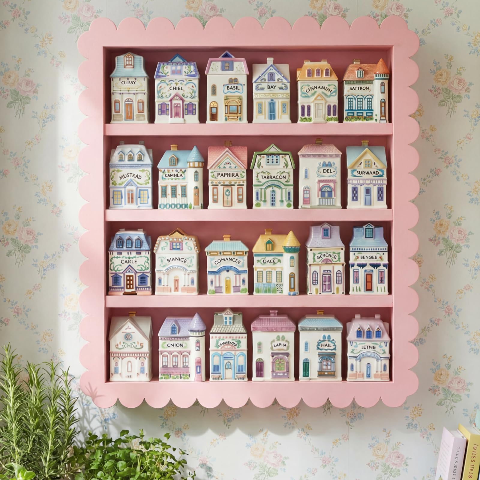 Chunful Vintage Spice Jar Wooden Rack Green Cottagecore Spice Shelf for 24 Jars, Village Style Wall Mounting Kitchen Storage Decorative Hanging Display Rack, Shelf Only