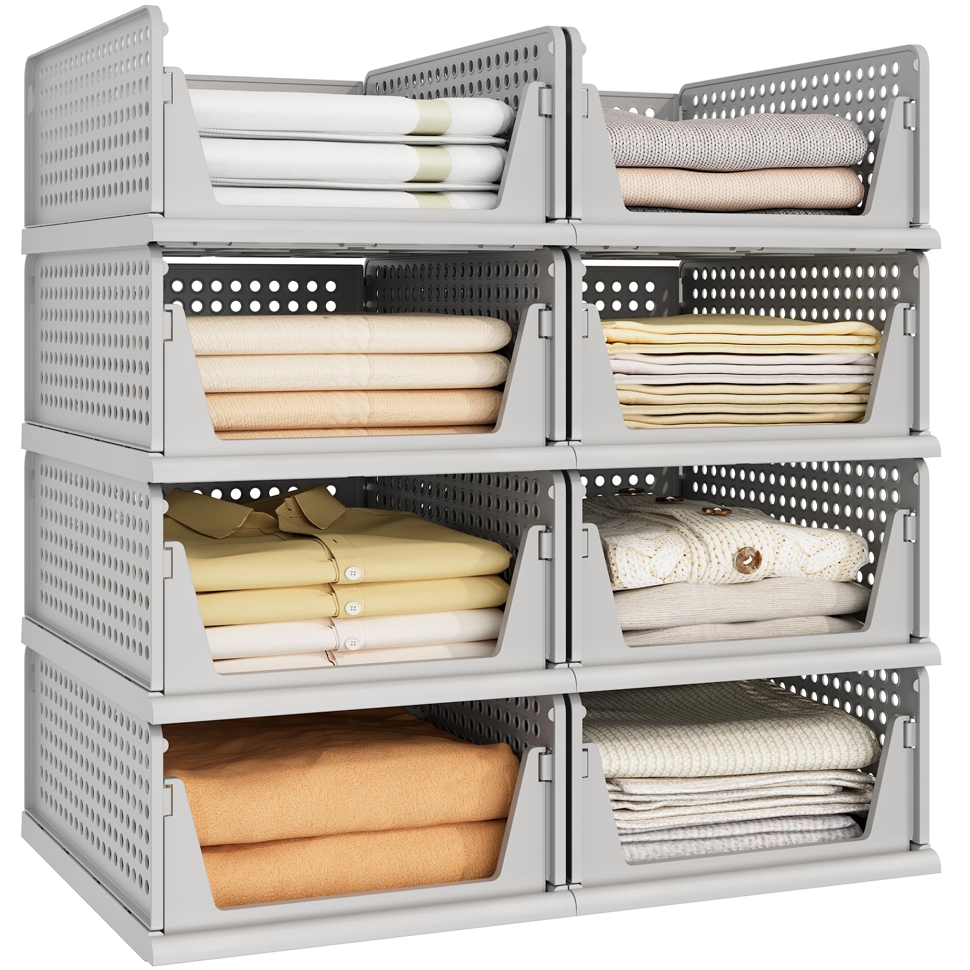 Pinkpum 6 Pack Closet Organizers Storage Bins, Stackable Plastic Drawer Basket for Clothing, Stackable Storage Bins Shelf Storage Container for Closet Wardrobe Bedroom Bathroom Office White