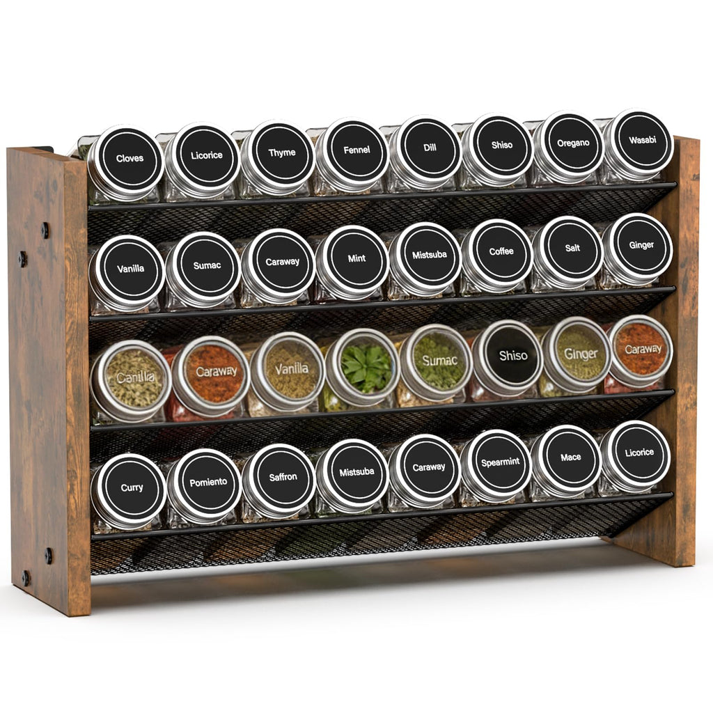 NESAPTO Spice Rack Organizer for Cabinet, Wood 4-Tier Vertical Seasoning Organizer, Wall Mount or Countertop Spice Shelf, Holds 36 Jars (No Jars Included), 17.2" W x 10.3" H