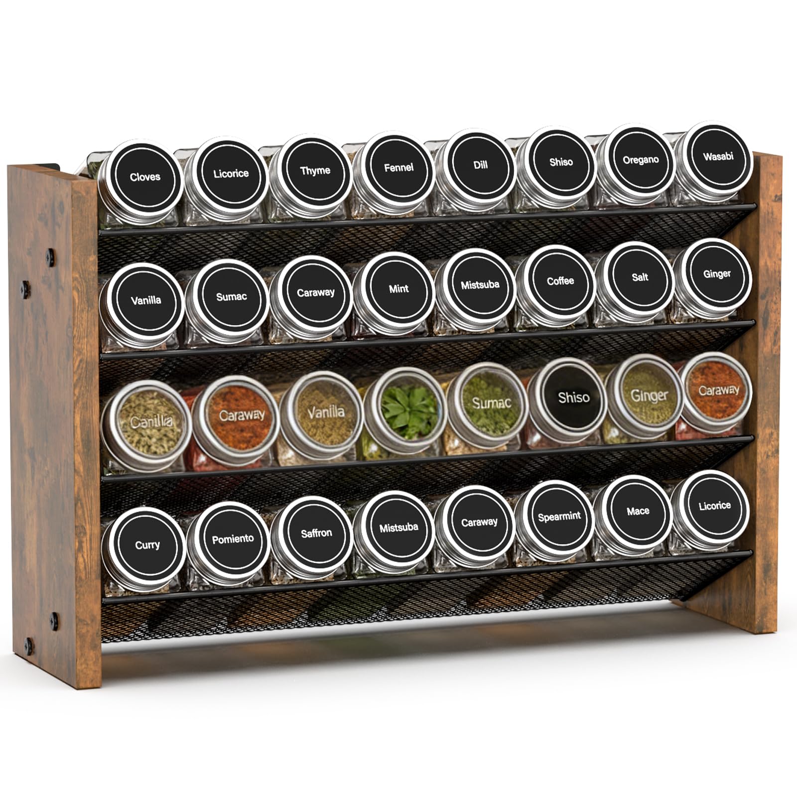 NESAPTO Spice Rack Organizer for Cabinet, Wood 4-Tier Vertical Seasoning Organizer, Wall Mount or Countertop Spice Shelf, Holds 36 Jars (No Jars Included), 17.2" W x 10.3" H