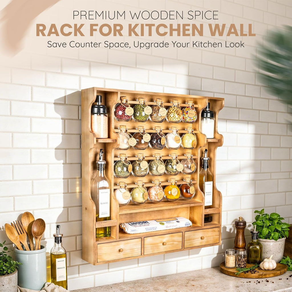 Byers Choice TX Pine Wooden Spice Rack Organizer for Countertop with Rounded Corners and Ample Storage Space – Freestanding Spice Jar Rack with Drawers for Kitchen Pantry, Apothecary