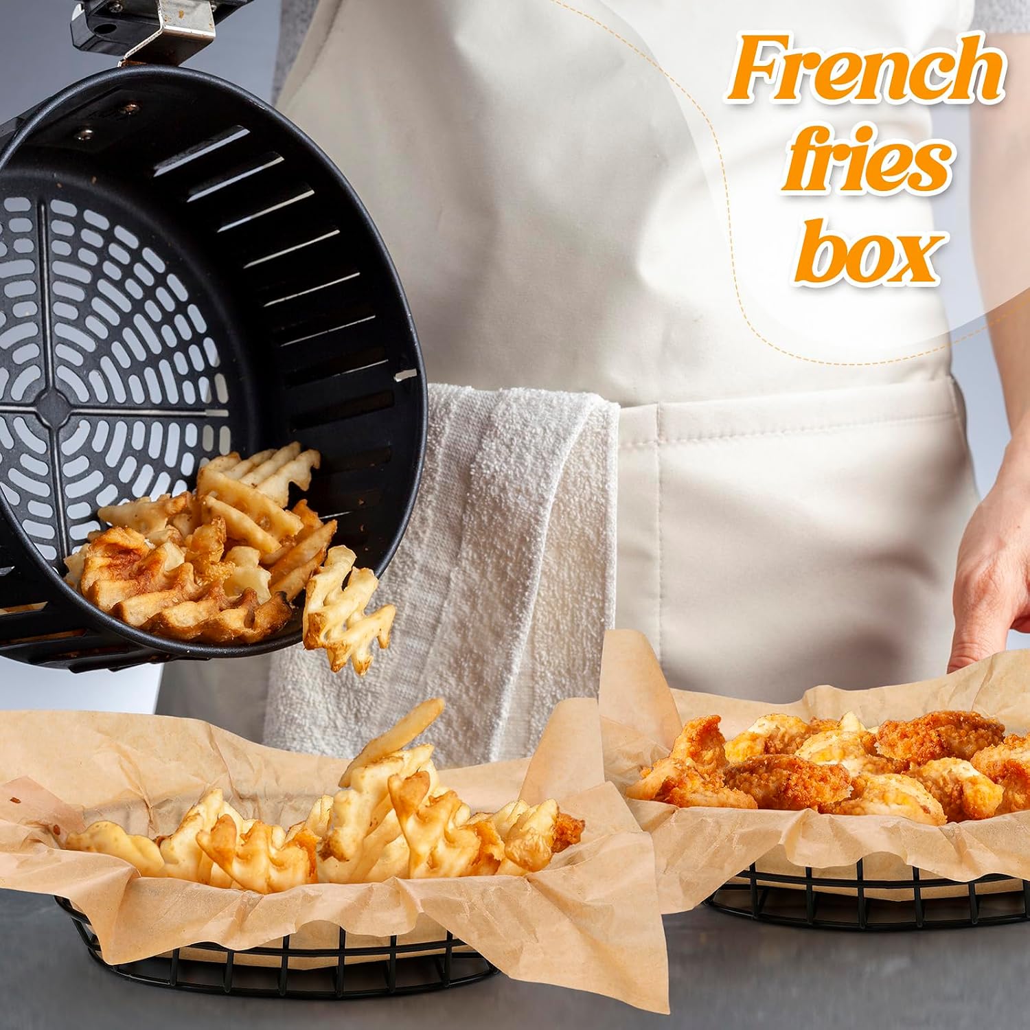 Hushee 24 Pcs Black Wire Fast Food Basket with 100 Sheets Deli Wrapper Paper 9.5 x 6.2 x 2.2 Inches Metal Bread Box Oval Metal Dinner Basket Storage for Kitchen Bread Deli Serving Burger Picnic Party
