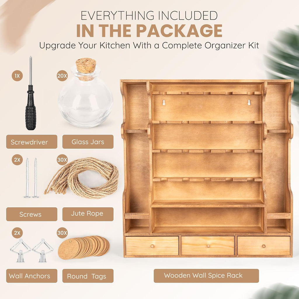 Byers Choice TX Pine Wooden Spice Rack Organizer for Countertop with Rounded Corners and Ample Storage Space – Freestanding Spice Jar Rack with Drawers for Kitchen Pantry, Apothecary