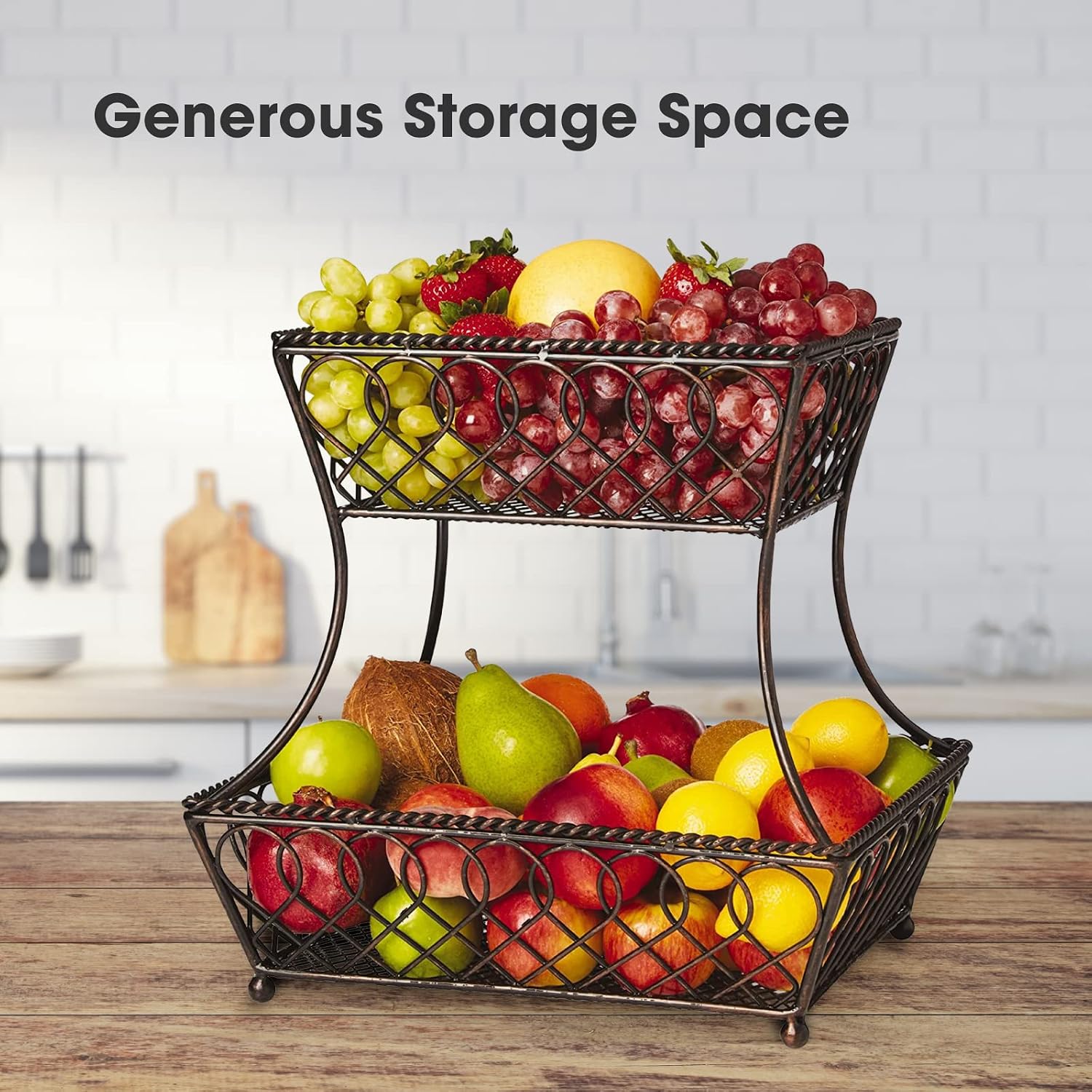 Gourmet Basics by Mikasa Loop and Lattice 2-Tier Rectangular Metal Countertop Basket, 14.25 x 12 Inches, Antique Black Finish, Kitchen Fruit and Bread Storage Organizer