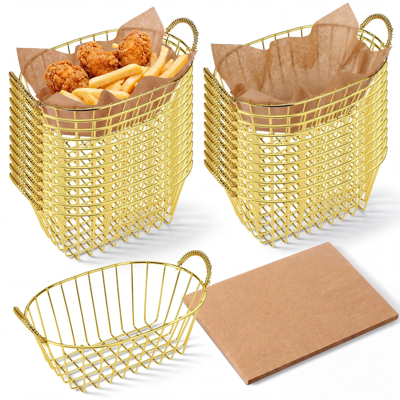 24 Pack Metal Wire Fast Food Baskets with 100 Food Blotting Sheets 7.3 x 4.6 x 3.4 Inch Oval Serving Baskets for Fries, Chicken, Sandwiches, Bread, and Snacks(Gold and White)