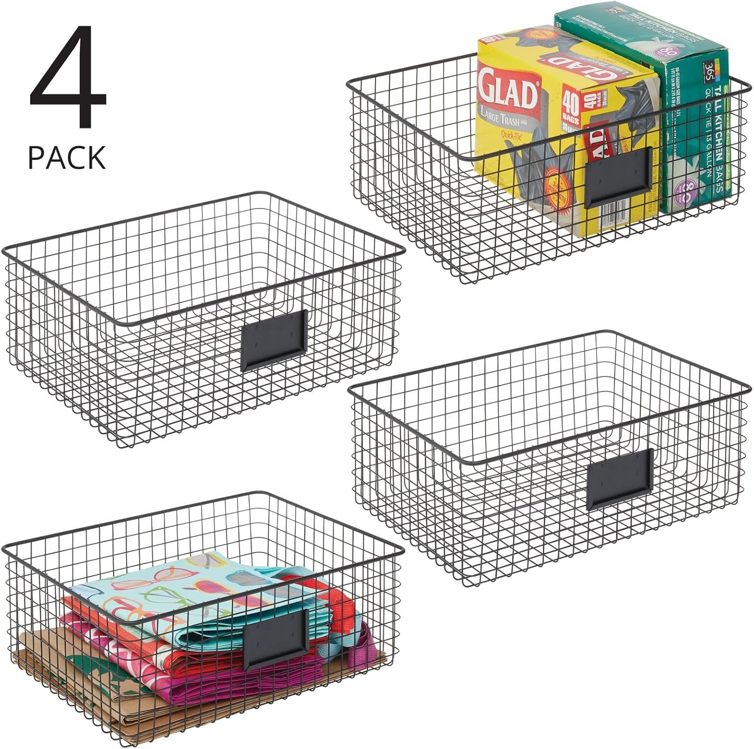 mDesign Wide Steel Wired Storage Organizer Bin Baskets with Label Slot for Kitchen Pantry, Cabinet, Organizing Holder for Food, Drinks, Snacks, Produce, Omaha Collection, 4 Pack, Matte Black