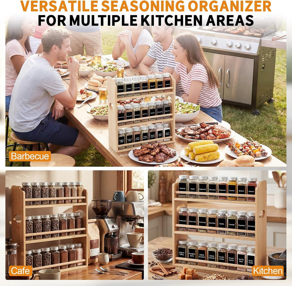Domensi 3 Tier Bamboo Spice Rack Organizer with 24 Spice Glass Jars - 4 oz Glass Seasoning Jars with Labels, Seasoning Jar Rack Shelf Set for Kitchen Countertop or Wall Mounting Spices Storage Holder