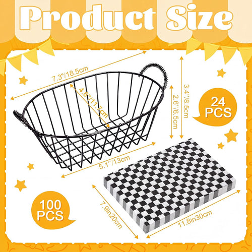 24 Pack Wire Bread Basket Set with 100 Plaid Food Blotting Sheets 7.3x4.6x3.4 Inch Metal Fast Food Baskets for Bread, Fruit, Sandwich, Fried Chicken, French Fries, Potato Chips (Black)