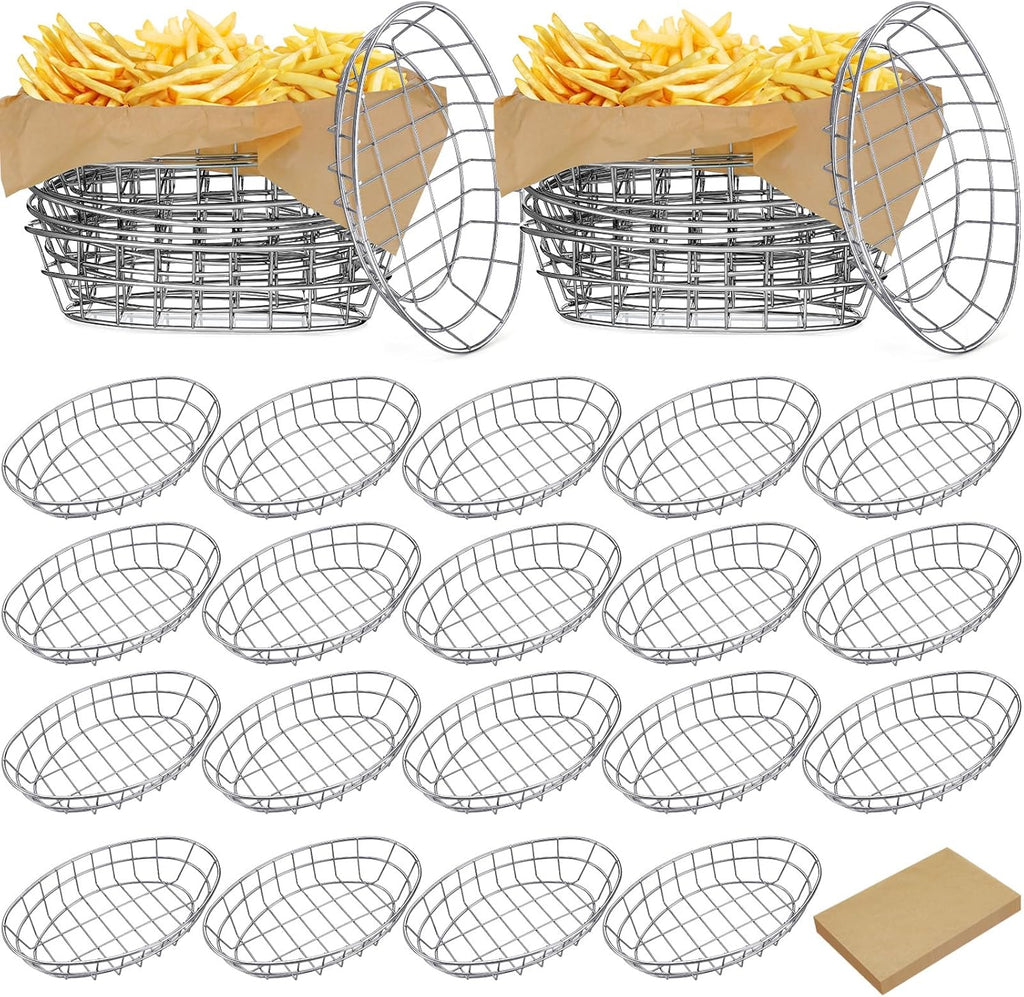 Hushee 24 Pcs Silver Wire Fast Food Basket with 100 Sheets Deli Wrapper Paper 9.5 x 6.2 x 2.2 Inches Metal Bread Box Oval Metal Dinner Basket Storage for Kitchen Bread Deli Serving Burger Picnic Party