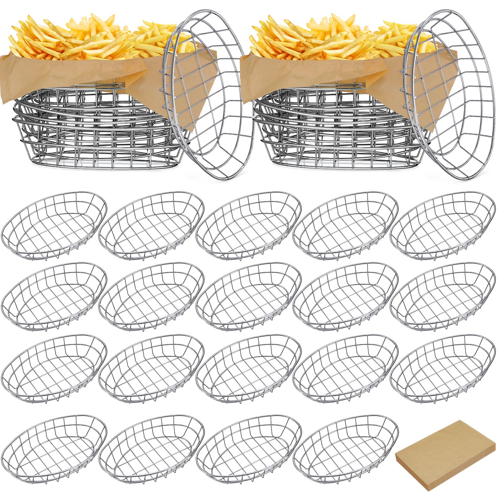 Hushee 24 Pcs Silver Wire Fast Food Basket with 100 Sheets Deli Wrapper Paper 9.5 x 6.2 x 2.2 Inches Metal Bread Box Oval Metal Dinner Basket Storage for Kitchen Bread Deli Serving Burger Picnic Party