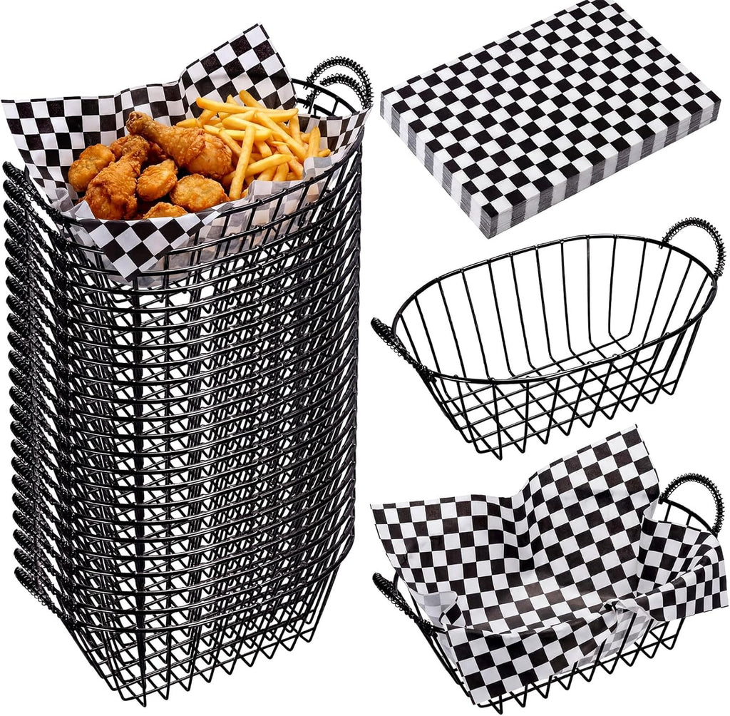 24 Pack Wire Bread Basket Set with 100 Plaid Food Blotting Sheets 7.3x4.6x3.4 Inch Metal Fast Food Baskets for Bread, Fruit, Sandwich, Fried Chicken, French Fries, Potato Chips (Black)