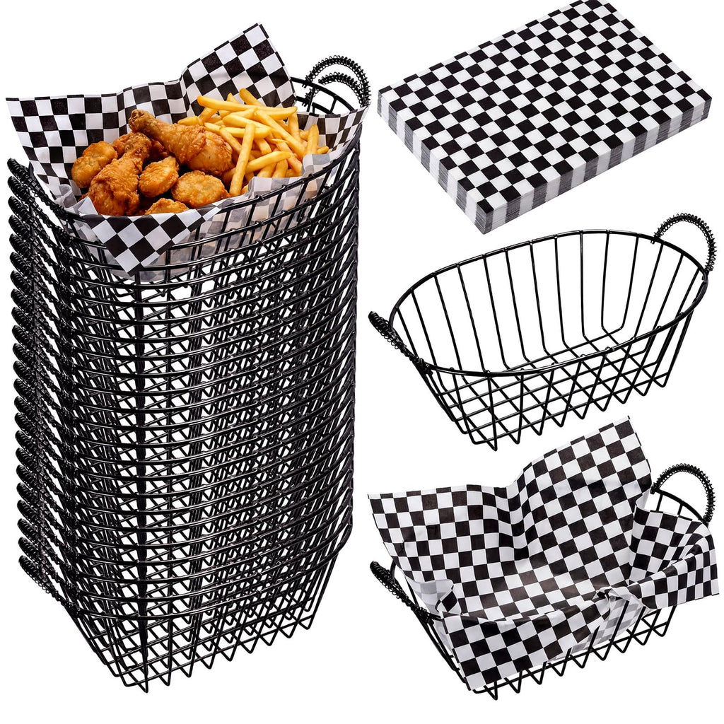 24 Pack Wire Bread Basket Set with 100 Plaid Food Blotting Sheets 7.3x4.6x3.4 Inch Metal Fast Food Baskets for Bread, Fruit, Sandwich, Fried Chicken, French Fries, Potato Chips (Black)