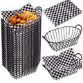 24 Pack Wire Bread Basket Set with 100 Plaid Food Blotting Sheets 7.3x4.6x3.4 Inch Metal Fast Food Baskets for Bread, Fruit, Sandwich, Fried Chicken, French Fries, Potato Chips (Black)