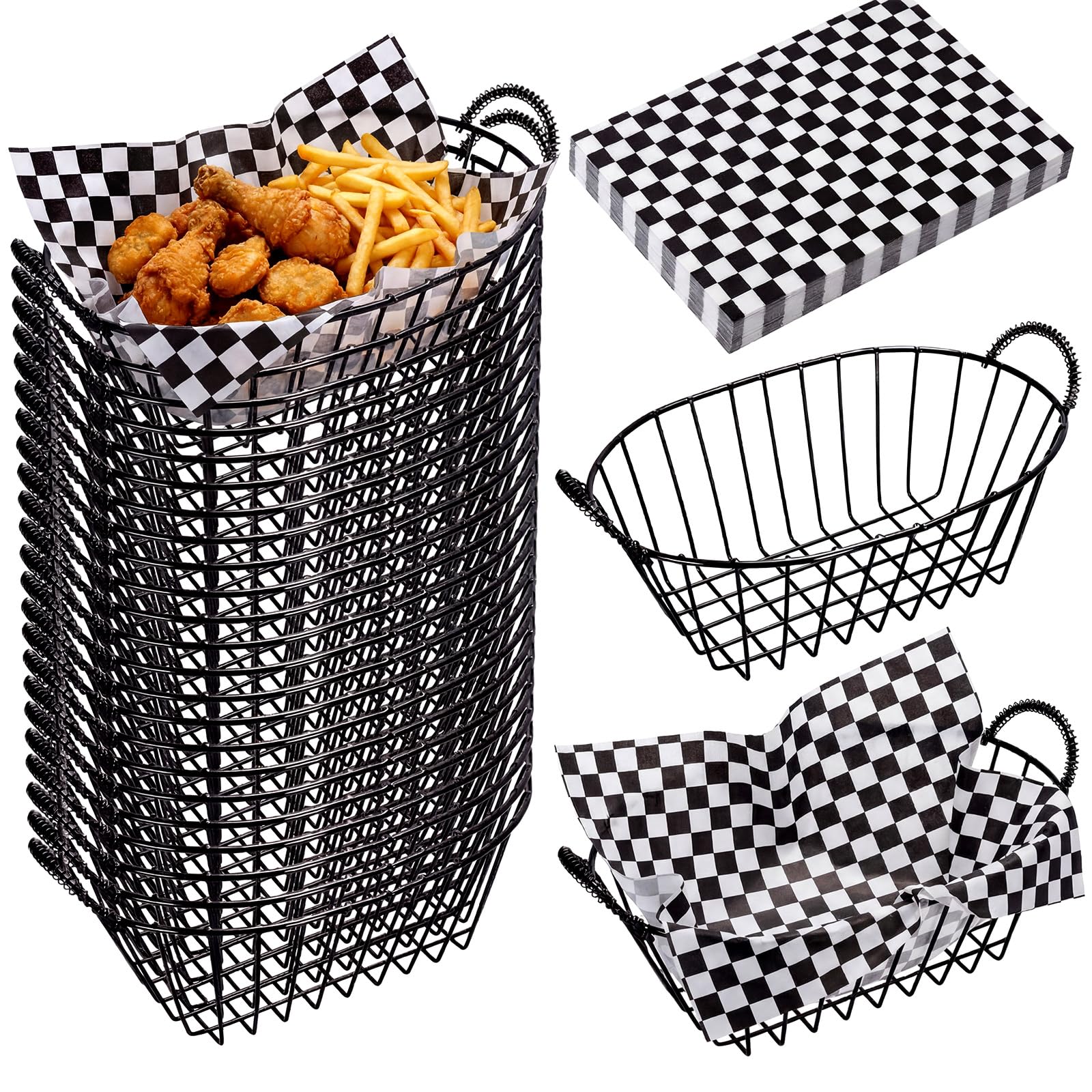 24 Pack Wire Bread Basket Set with 100 Plaid Food Blotting Sheets 7.3x4.6x3.4 Inch Metal Fast Food Baskets for Bread, Fruit, Sandwich, Fried Chicken, French Fries, Potato Chips (Black)