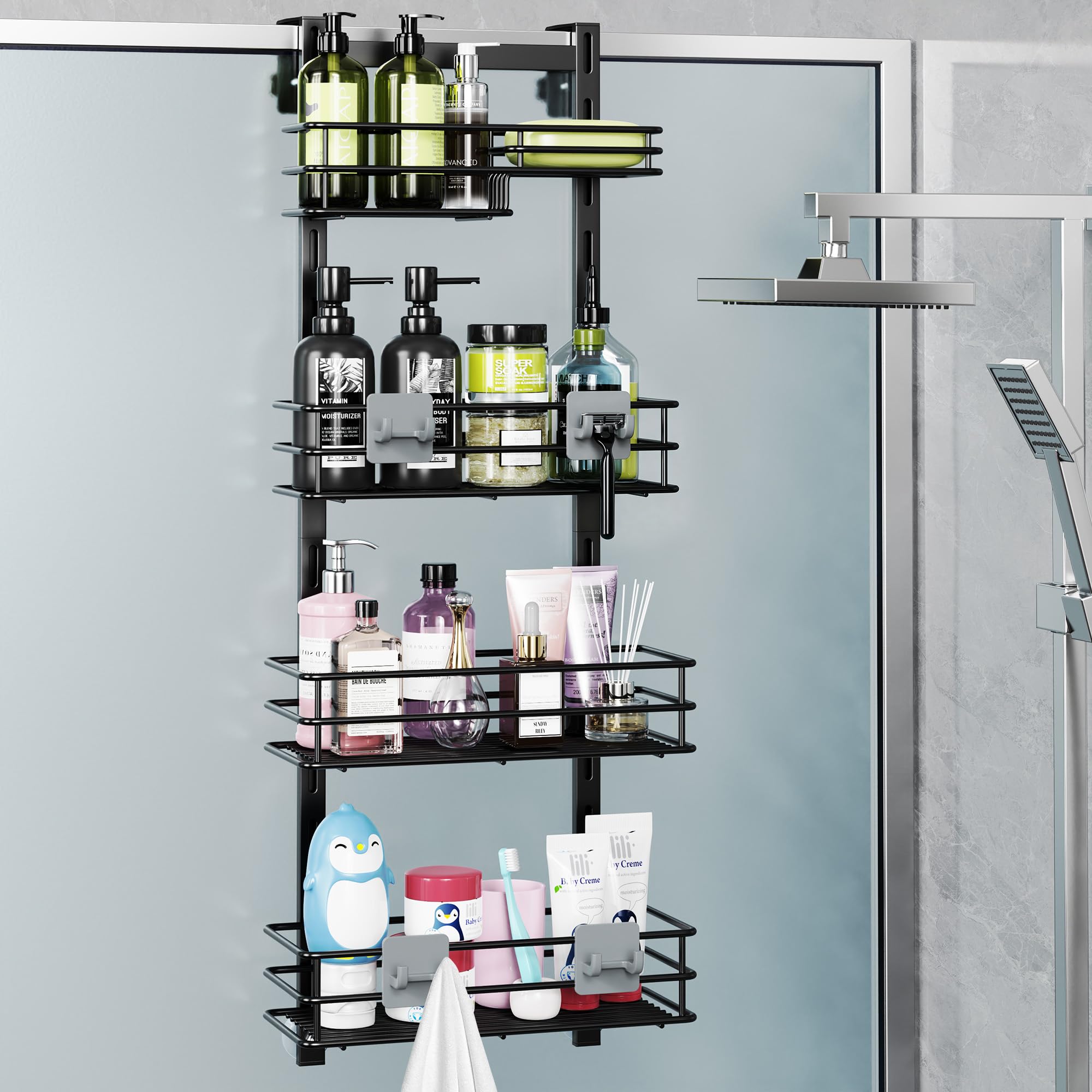 Orimade Over the Door Shower Caddy Adjustable 5 Tier Black,Bathroom Hanging Organizer Shelf Rustproof with 4 Hooks,Shower Basket with Soap Holder and Suction Cup