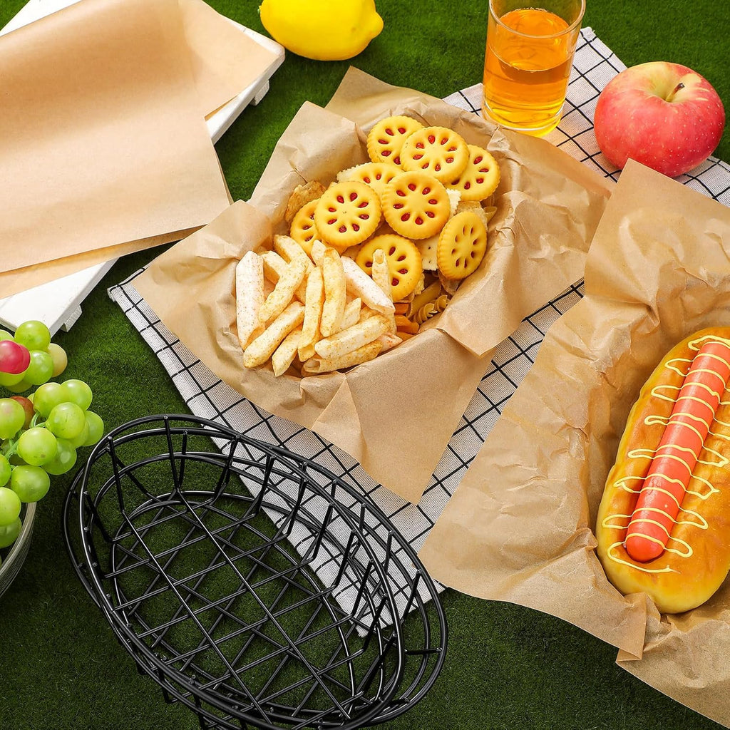 Hushee 24 Pcs Black Wire Fast Food Basket with 100 Sheets Deli Wrapper Paper 9.5 x 6.2 x 2.2 Inches Metal Bread Box Oval Metal Dinner Basket Storage for Kitchen Bread Deli Serving Burger Picnic Party